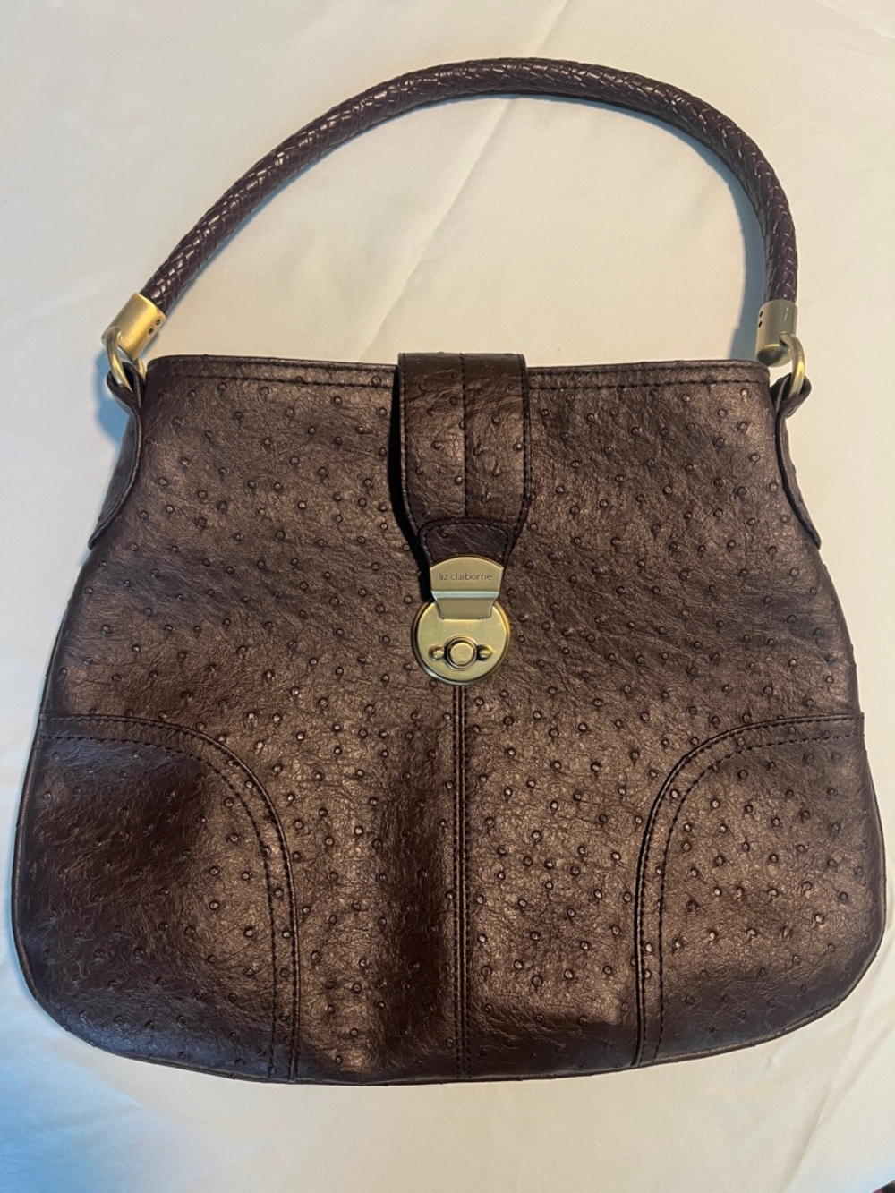 Brown Ostrich-Embossed Leather Shoulder Bag